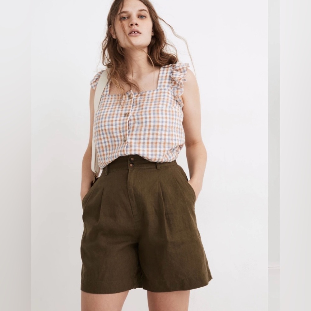 Madewell Linen Long Pleated Shorts Kale Green Brown Size 8 - Picture 1 of 8
